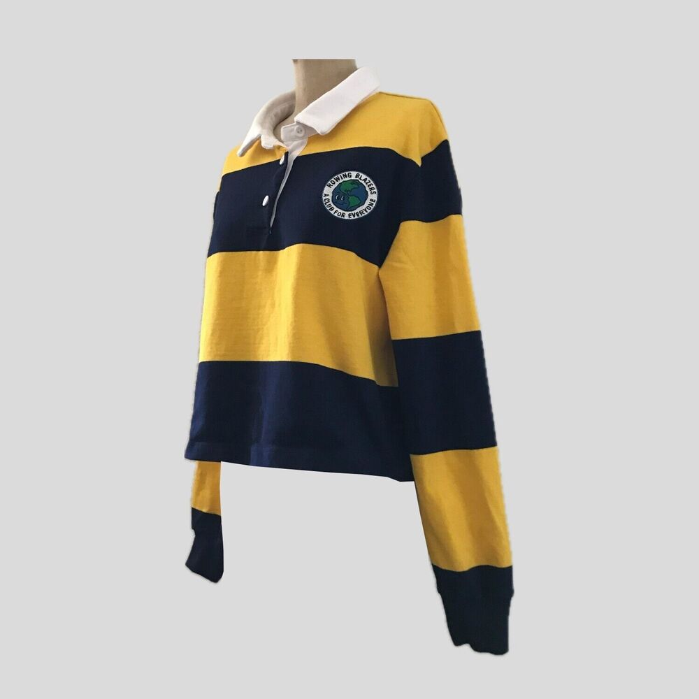 Rowing Blazers Yellow Blue Striped Cropped Cotton Long Sleeve Rugby Shirt L/XL